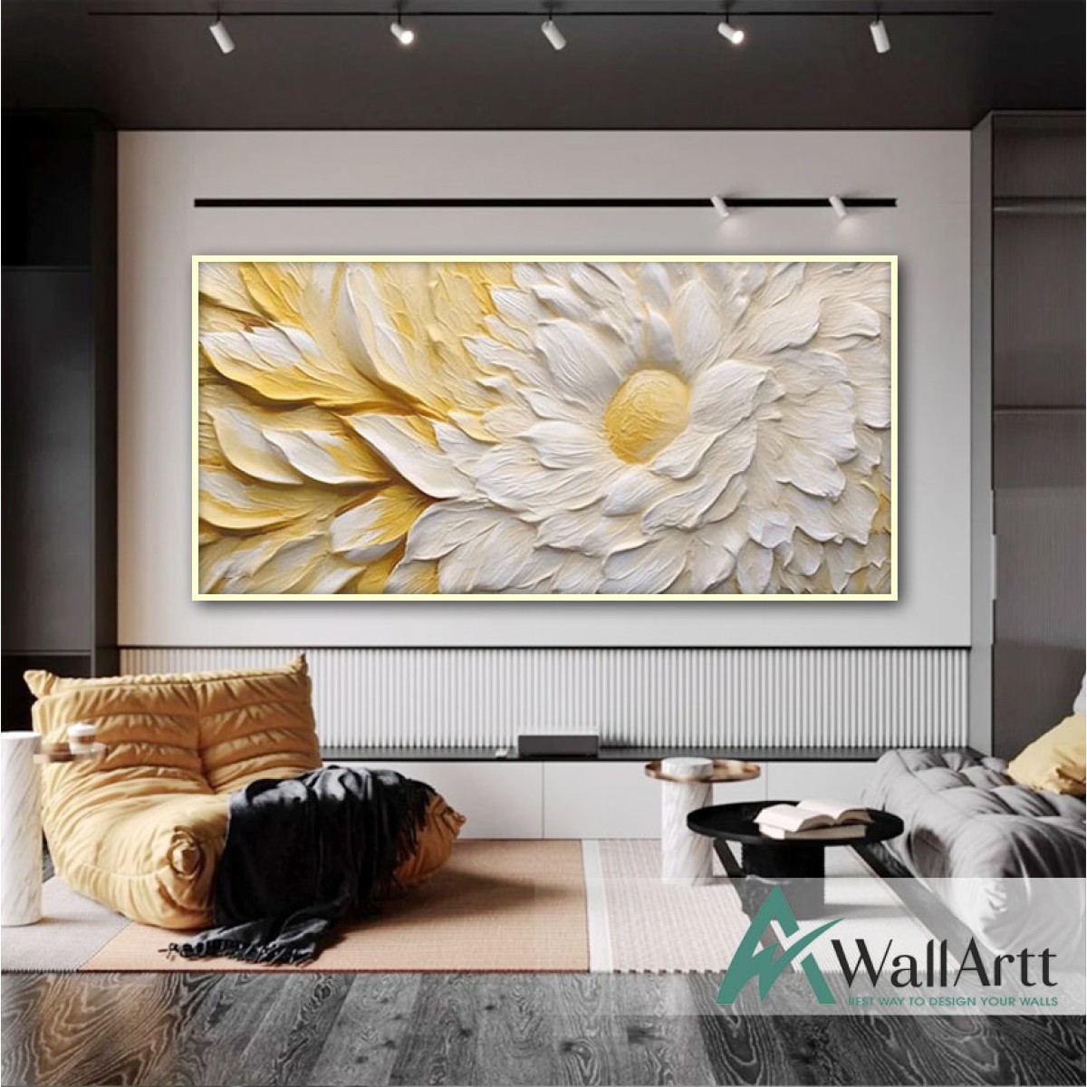 White Flower with Yellow Leaves 3d Heavy Textured Partial Oil Painting